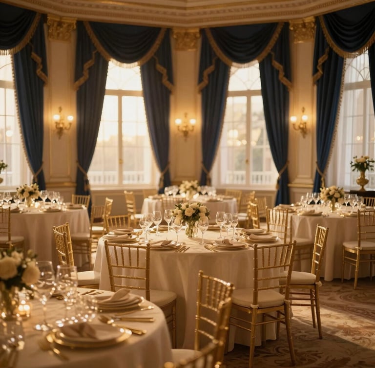 Cinematic wide shot of a grand luxury ballroom setup, warm golden-hour ambient lighting reflecting on gold accents, deep navy drapery, elegant table settings, shallow depth of field