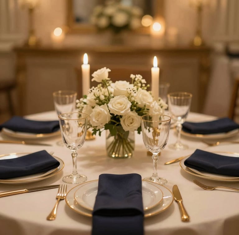 Elegant portrait shot focusing on a luxury table setting, soft candlelit interior lighting, gold-rimmed glassware, silk napkins, delicate white floral centerpieces, shallow depth of field, warm golden tones, 35mm.