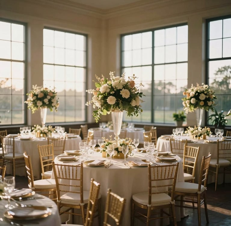 Cinematic wide shot of a grand wedding venue setup, soft golden-hour sunlight filtering through tall windows, floral installations, elegant table settings with gold accents, 35mm