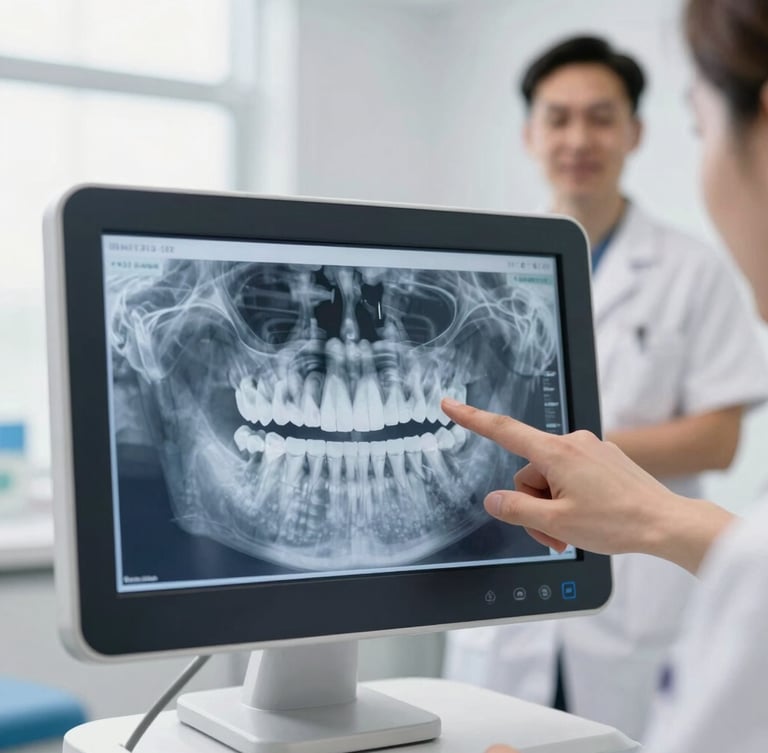 Macro shot of a high-resolution digital dental diagnostic screen displaying clean 3D imagery, warm professional dentist pointing to the screen in the background, soft studio lighting, shallow depth of field.