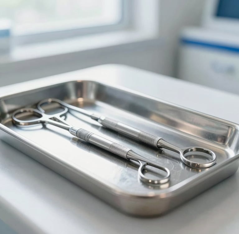 Close-up of pristine medical dental instruments resting on a sterile steel tray inside a modern, brightly lit clinical environment, soft daylight