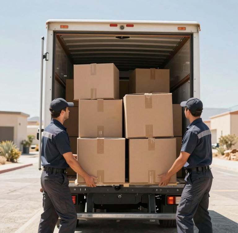 Medium-wide shot of professional uniformed movers carefully loading heavy-duty cardboard crates into a clean closed moving truck, bright desert daylight.