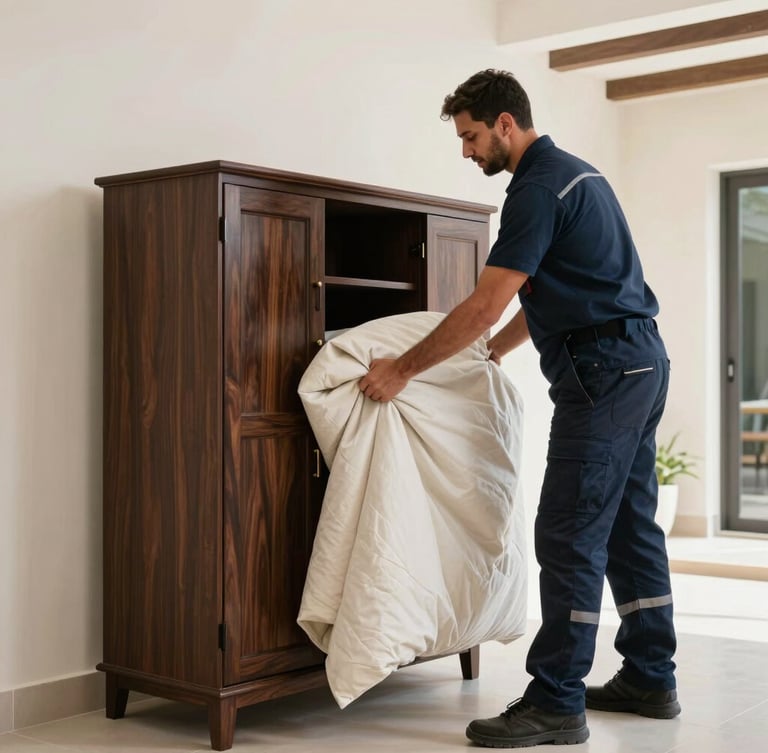Medium-wide action shot of a professional mover in a clean navy uniform carefully wrapping a dark wood cabinet with thick protective blankets inside a bright Abu Dhabi villa.