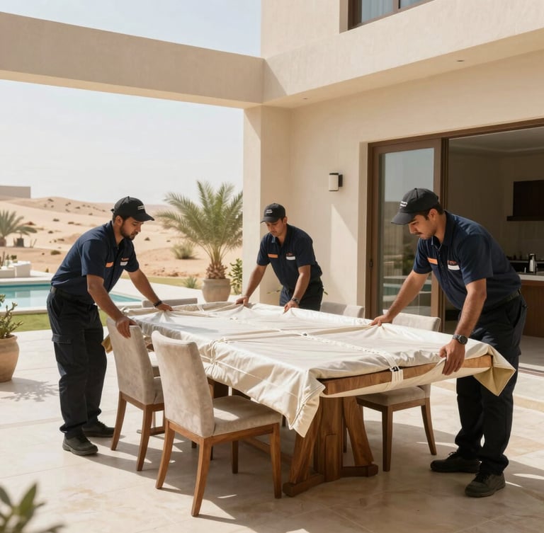 Wide portrait shot of professional uniformed movers wrapping a wooden dining table with thick protective blankets inside a bright Abu Dhabi villa, natural desert daylight.