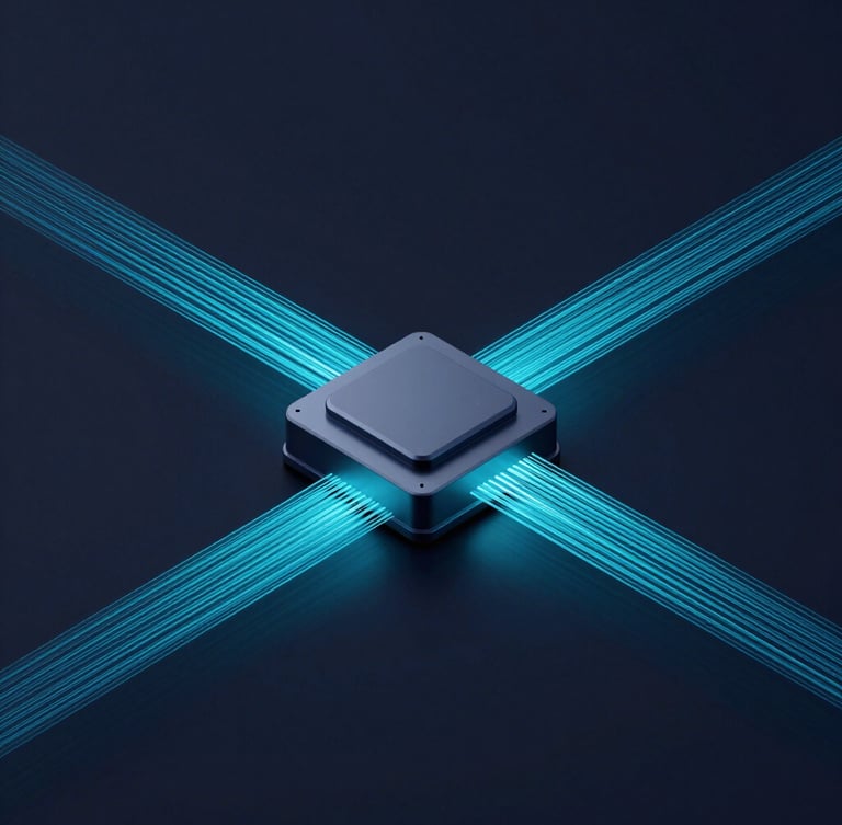 Sleek 3D digital render of cyan data streams flowing into a central server node, isometric view, dark navy background, premium tech aesthetic.