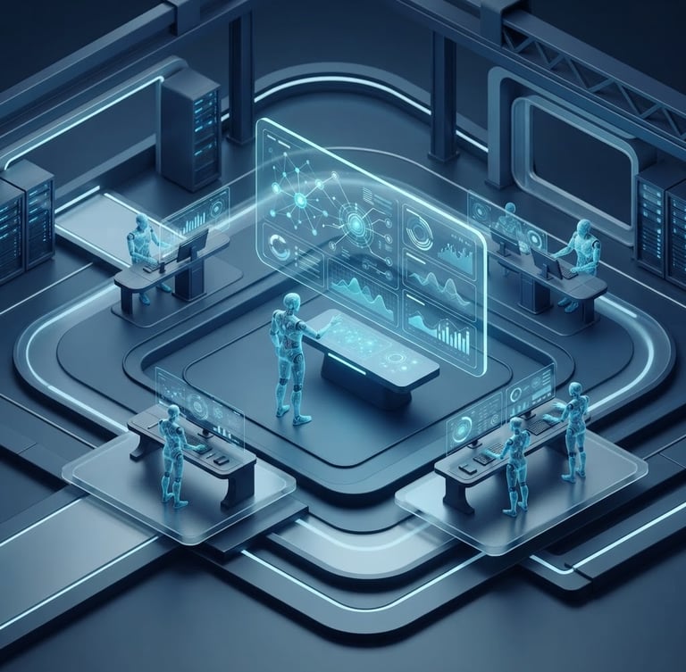 Sleek 3D digital render of an AI agent interface with clean data visualization dashboards, cool-toned ambient studio lighting, deep navy and cyan accents, minimalist high-tech aesthetic, isometric view