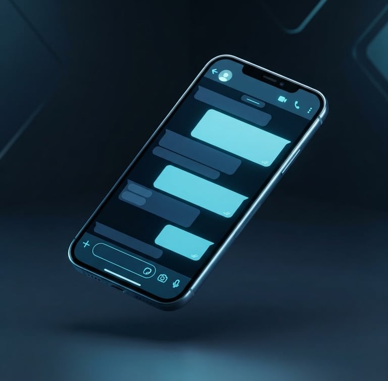 Sleek 3D digital render of a WhatsApp chat interface mockup on a mobile screen, glowing cyan and deep blue accents, high-end tech aesthetic, isometric view