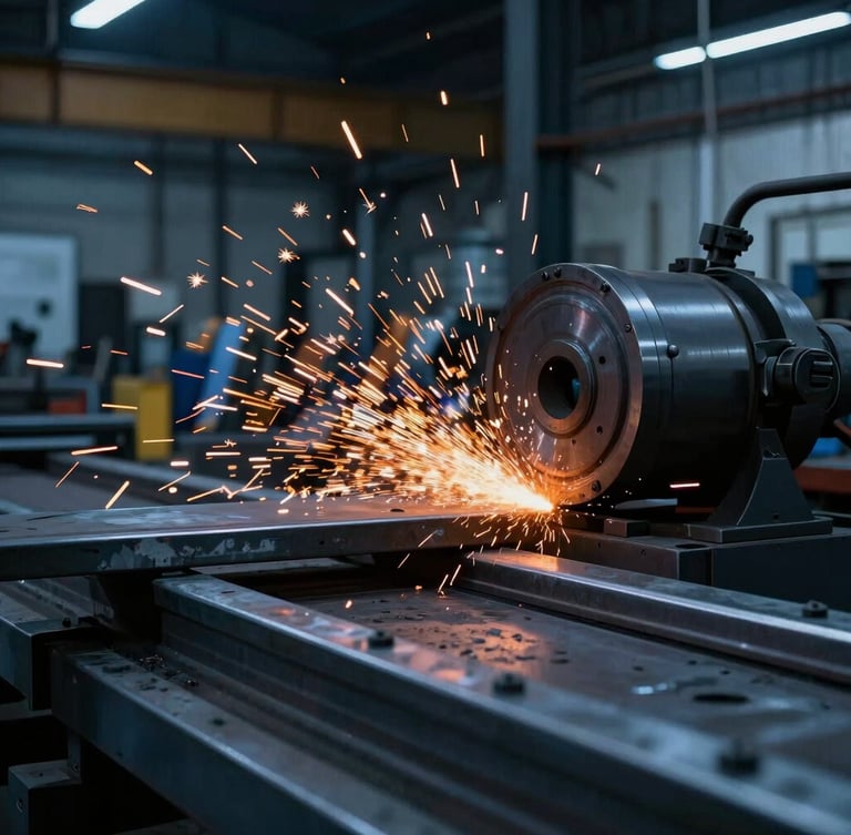 A close-up of industrial metal fabrication with bright orange sparks flying in a dark workshop, high-contrast steel blue tones, dramatic editorial photography