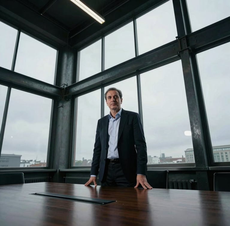 Low-angle authoritative portrait of CEO Süleyman Eynulla in a modern steel-framed industrial boardroom, dramatic overcast daylight filtering through massive windows, high-contrast industrial editorial style, 35mm