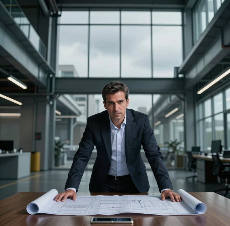 Authoritative medium shot of CEO Süleyman Eynulla in a modern industrial boardroom, serious expression, blueprints on table, dramatic overcast window light, 35mm