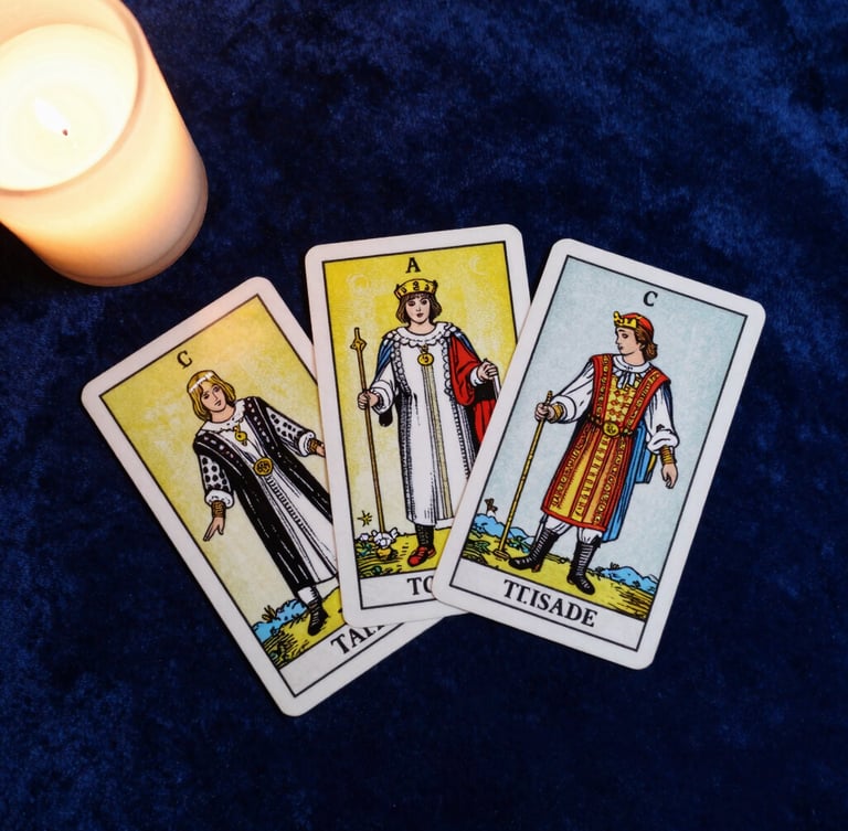 Overhead flat-lay of three Tarot de Marseille cards resting on deep blue velvet, warm side lighting from a single candle, soft shadows.