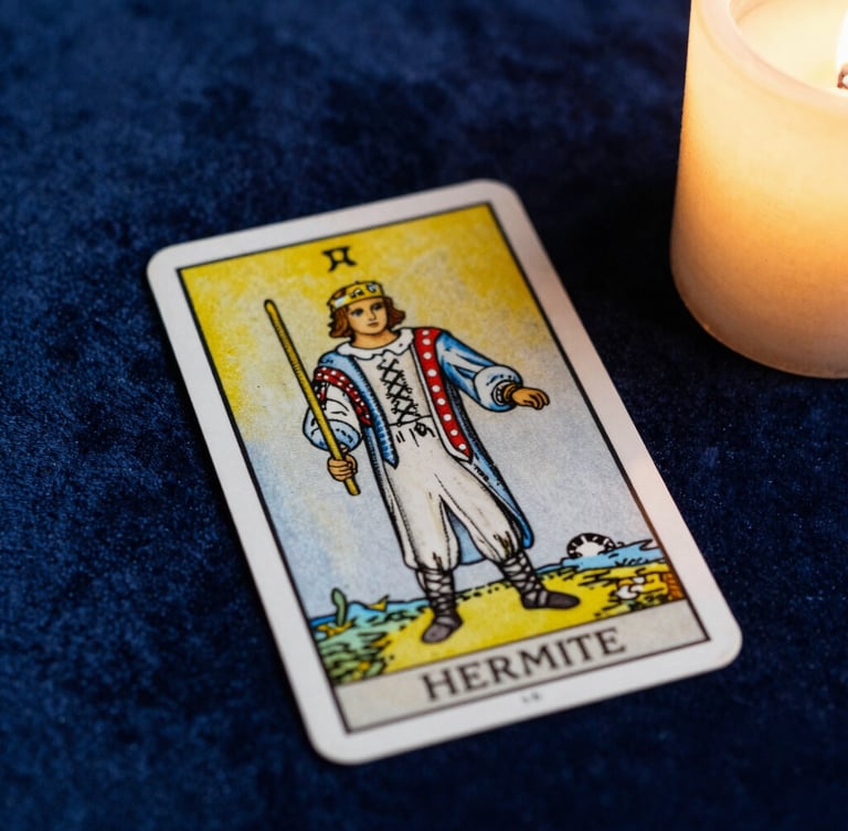 Overhead shot of a single Tarot de Marseille card, L'Hermite, resting on dark blue velvet, illuminated by soft golden candlelight from the side, extreme close-up, dramatic shadows.
