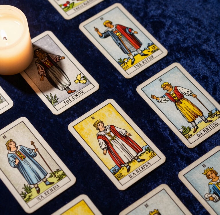 Overhead flat-lay of historic Tarot de Marseille cards resting on deep midnight blue velvet, soft warm side lighting from a single candle casting long dramatic shadows, tactile texture of aged paper.