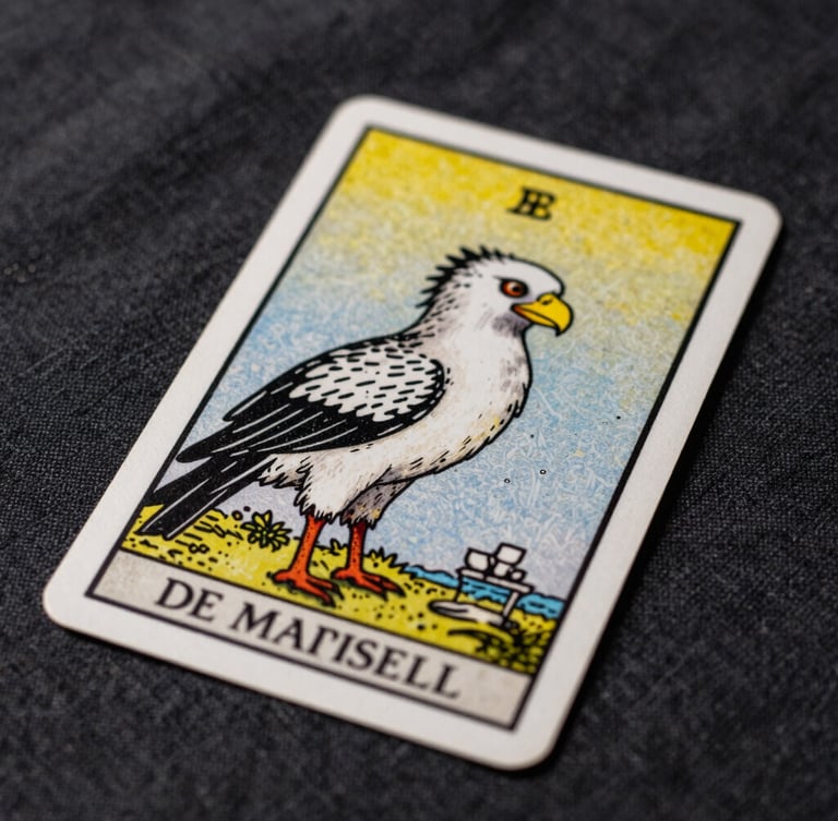 Macro close-up shot of the Bateleur card from the Tarot de Marseille, resting on textured dark linen, dramatic soft side lighting.