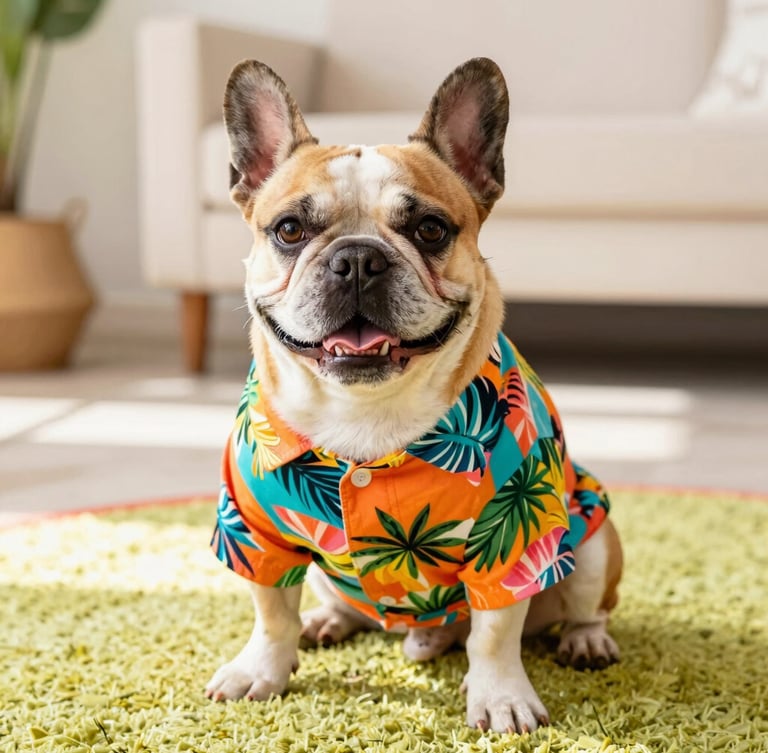 A happy French Bulldog wearing a custom-fit colorful tropical print shirt, sitting comfortably on a bright rug in a sunlit Mexican home, eye-level shot, warm daylight