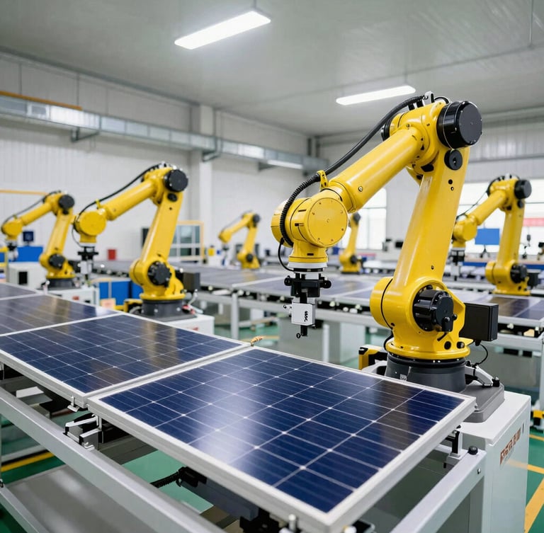 Medium shot of a modern industrial solar panel manufacturing facility in India, automated robotic arms assembling monocrystalline cells under bright clean factory lighting, sharp focus.