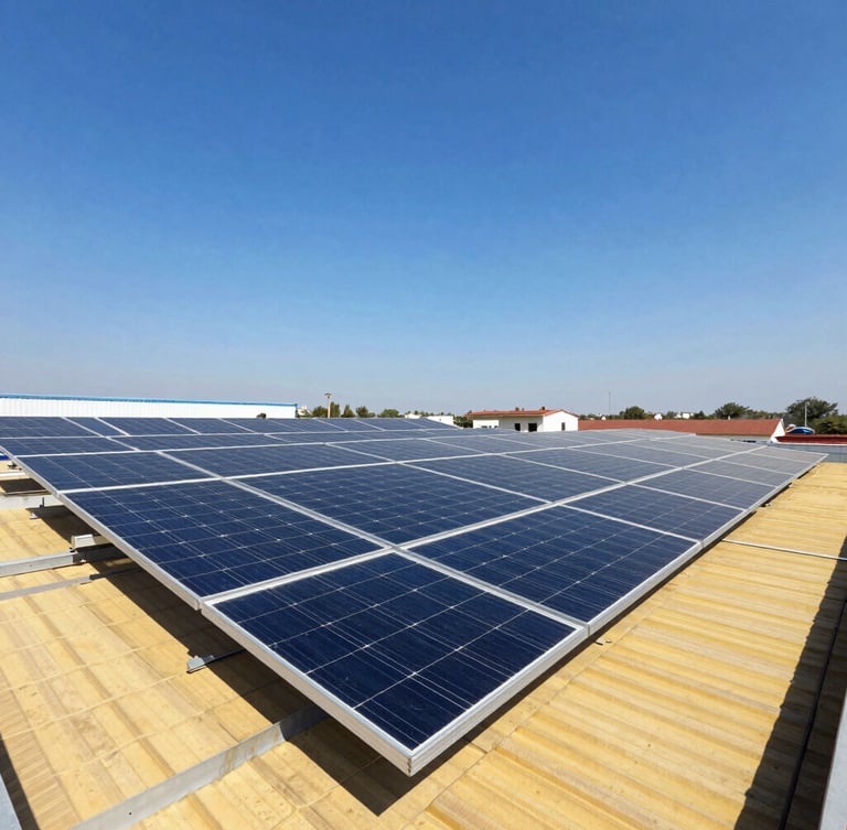 Wide environmental shot of a commercial rooftop solar array in India under bright, direct harsh sunlight, high-contrast deep blue sky, sharp focus
