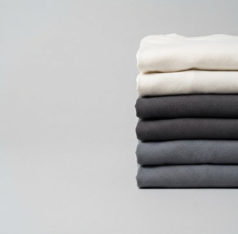 Clean studio shot of a perfectly folded stack of neutral-colored t-shirts (off-white, charcoal, slate) on a light gray surface, bright even lighting, crisp focus, minimalist composition, right third of image bleeding to edge.