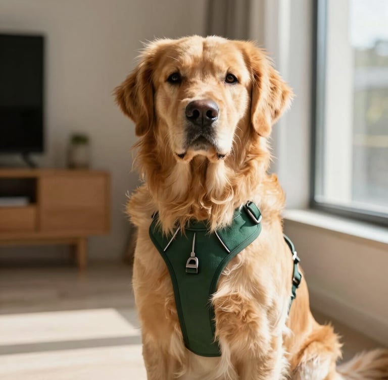 A majestic Golden Retriever sitting calmly in a sunlit modern apartment, wearing a perfectly fitted deep forest green harness, close-up shot, warm window light, 35mm lens.