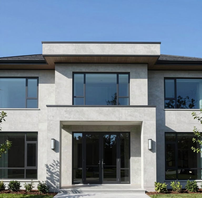 Straight-on architectural elevation of a modern premium Virginia estate, clean concrete and glass lines, bright daylight with deep structured shadows, 35mm lens