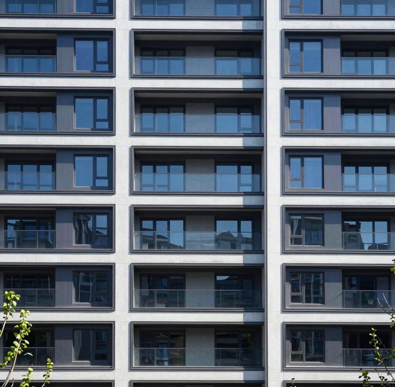 Straight-on architectural elevation of a modern high-end residential facade in Virginia, crisp daylight, structured shadows, deep navy undertones, sharp focus