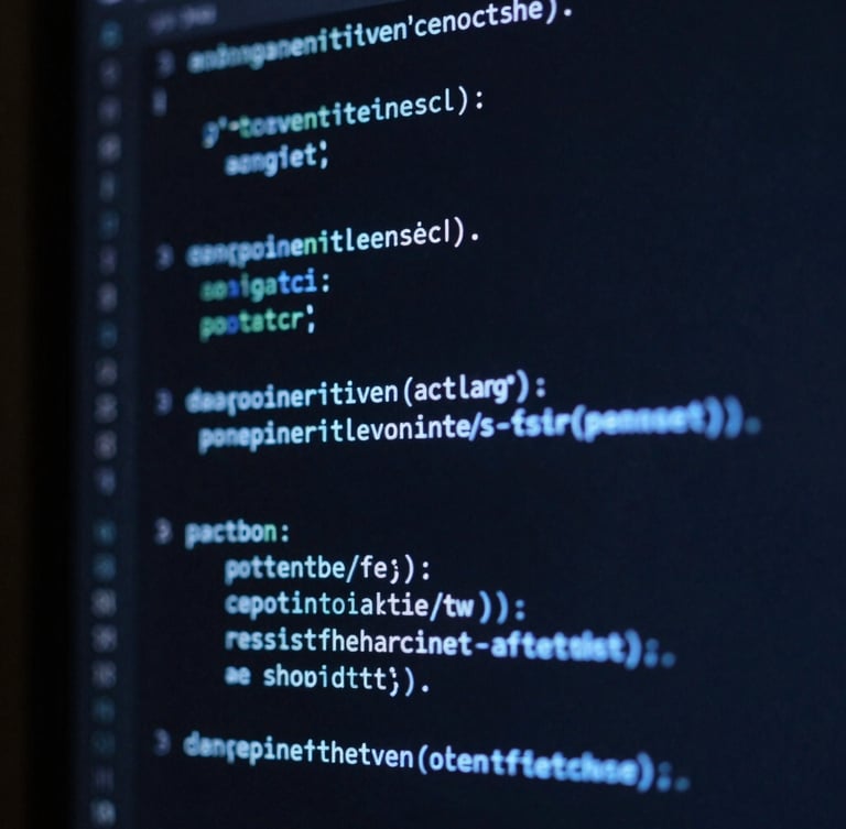 Close-up of clean code on a vertical screen, glowing electric blue syntax highlighting, dark background, sharp focus, dramatic lighting