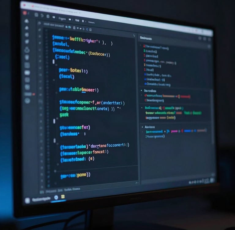 Sleek dark-mode digital workspace, close-up of code on a vertical monitor with electric blue glow, dramatic low-key lighting, sharp focus, 35mm lens