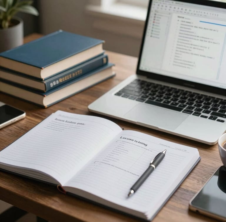 A daylight-filled professional study desk with physical books, a structured lesson plan notebook, and a modern laptop showing a clean digital whiteboard diagram