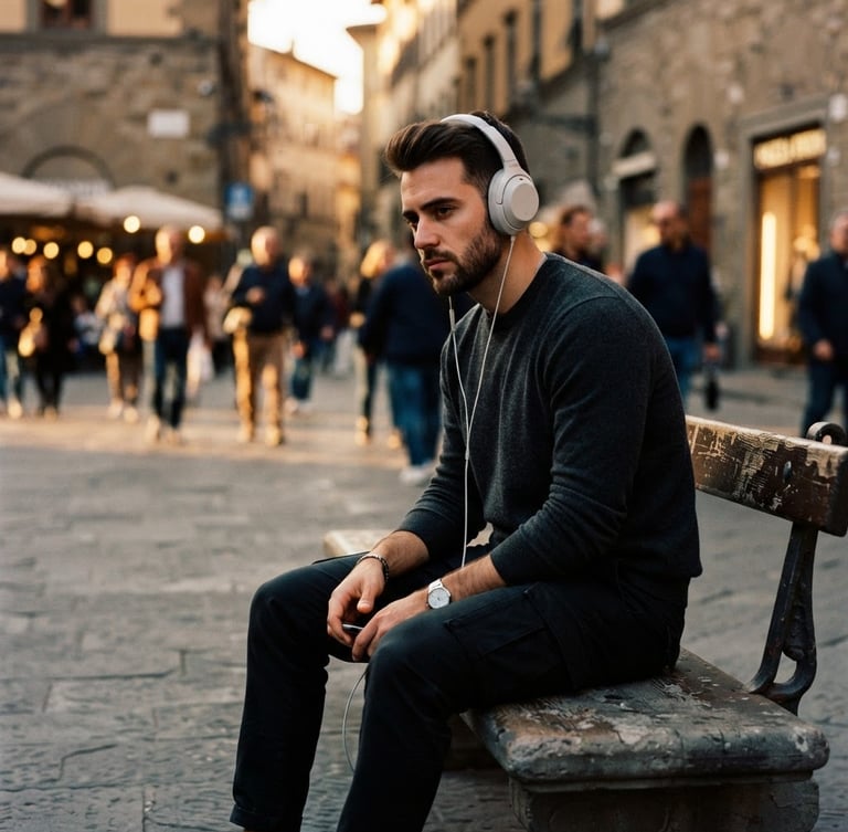 Thoughtful man listening to headphones in an urban setting at golden hour, dramatic shadows, shallow depth of field, wearing minimalist apparel, cinematic wide shot.