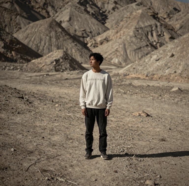 A solitary figure in a raw natural landscape, contemplative pose, wearing Letters to God apparel, dramatic natural light, warm neutral tones, cinematic wide shot, shallow depth of field, 35mm.