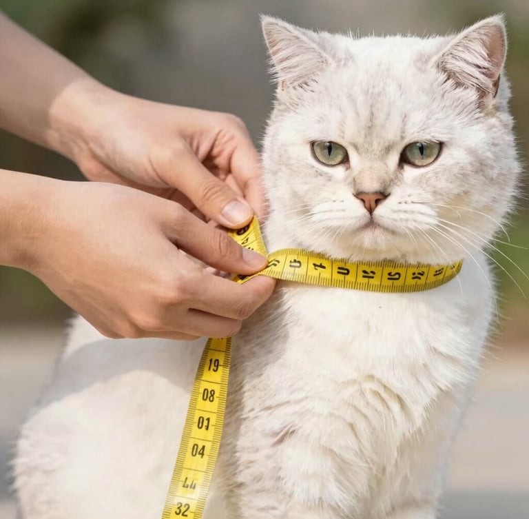 Close-up of human hands gently wrapping a yellow measuring tape around the chest of a fluffy white cat, warm editorial pet photography, bright daylight, 35mm