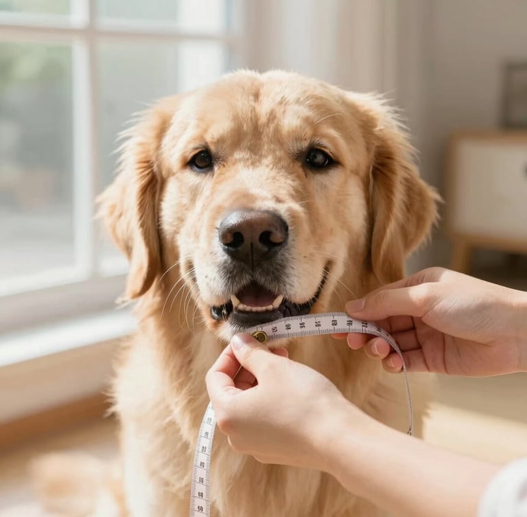 Close-up of hands gently measuring a golden retriever with a soft tape, warm home environment, daylight filtering through a window