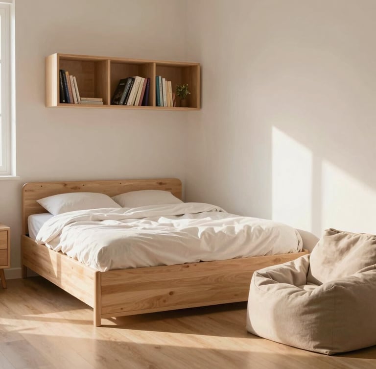 Medium-wide shot of a sunlit teen bedroom, showing a pastel wood storage bed with a floating bookshelf above, and a plush-textured bean lounger in the corner, soft natural morning light, light wood textures, cozy atmosphere.
