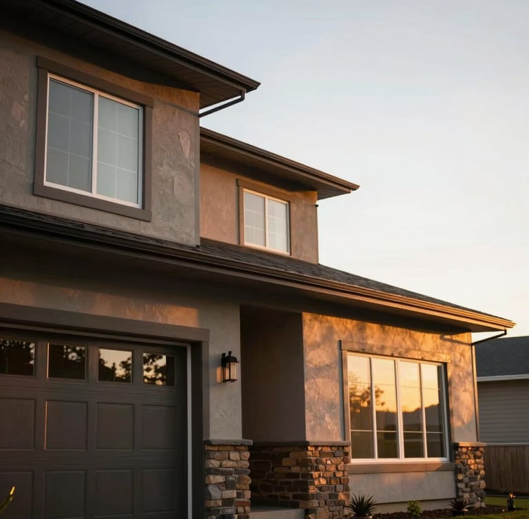 Warm editorial photography of a modern Idaho Falls home exterior during golden hour, soft natural light, shallow depth of field, 35mm