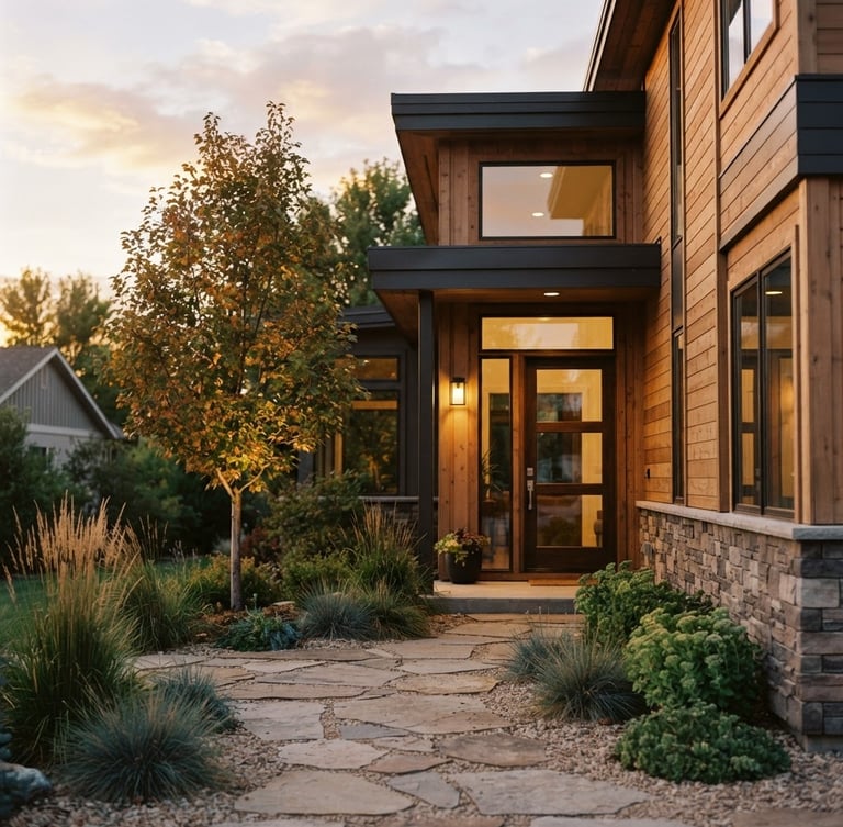 Warm natural light on a modern Idaho Falls home, shallow depth of field, golden hour, 35mm