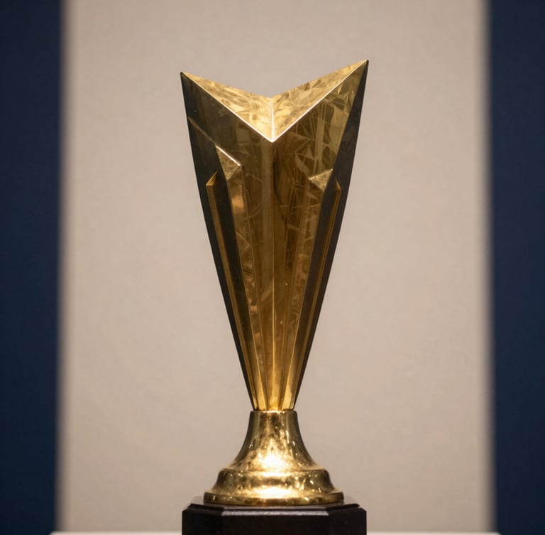 Elegant close-up of a golden prize trophy designed with geometric architectural patterns, soft gallery lighting, warm ivory and navy blue background, medium format depth