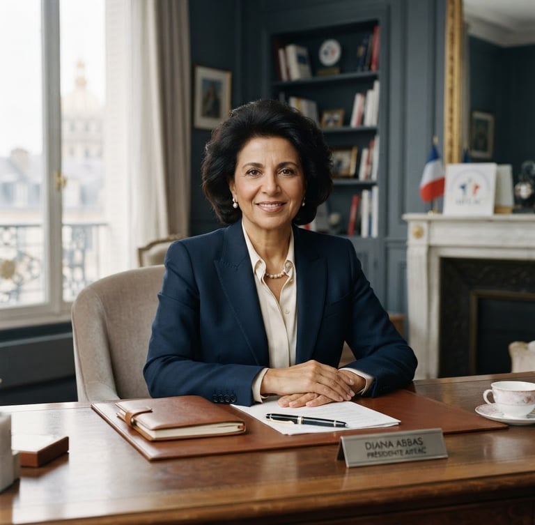 Portrait officiel de Diana Abbas, Présidente de l'AIFEAC, assise dans un bureau d'ambassade élégant à Paris, lumière naturelle douce, tons bleu nuit et ivoire, style éditorial haut de gamme.