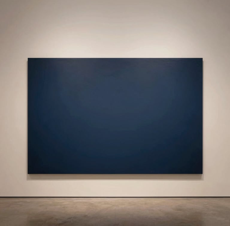 Elegant editorial photography of a modern digital art installation in a minimalist gallery, soft gallery lighting, muted midnight blue and warm ivory tones, medium format depth