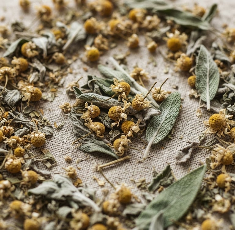 Overhead macro shot of dried chamomile flowers and sage leaves resting on a textured linen surface, soft morning daylight, shallow depth of field.