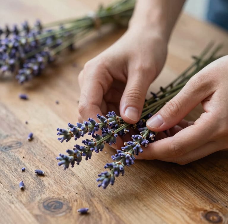 Close-up of hands gently sorting freshly harvested lavender stems on a rustic wooden table, soft side lighting, warm tones.