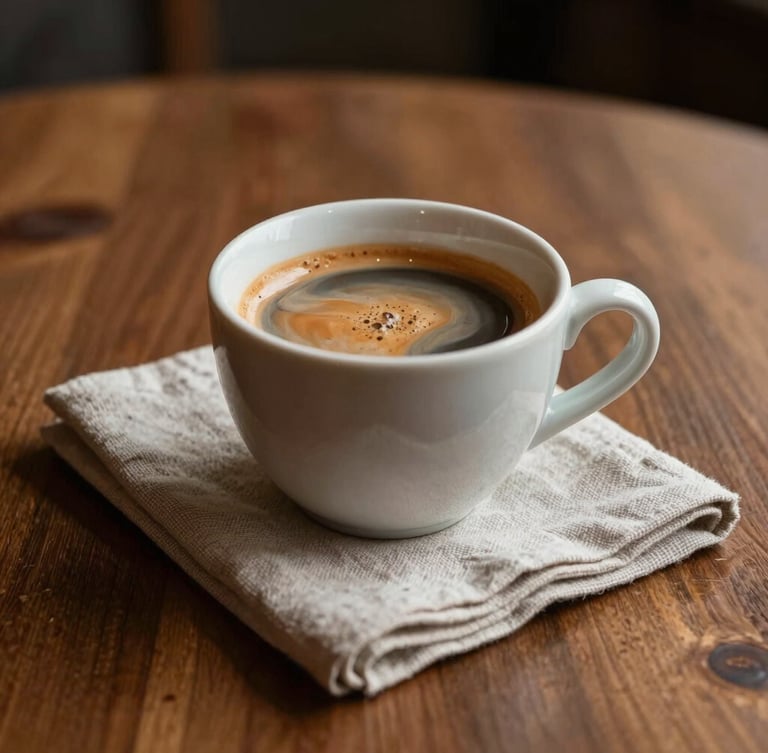 A warm ceramic cup of espresso sitting on a polished wooden table next to a folded linen napkin