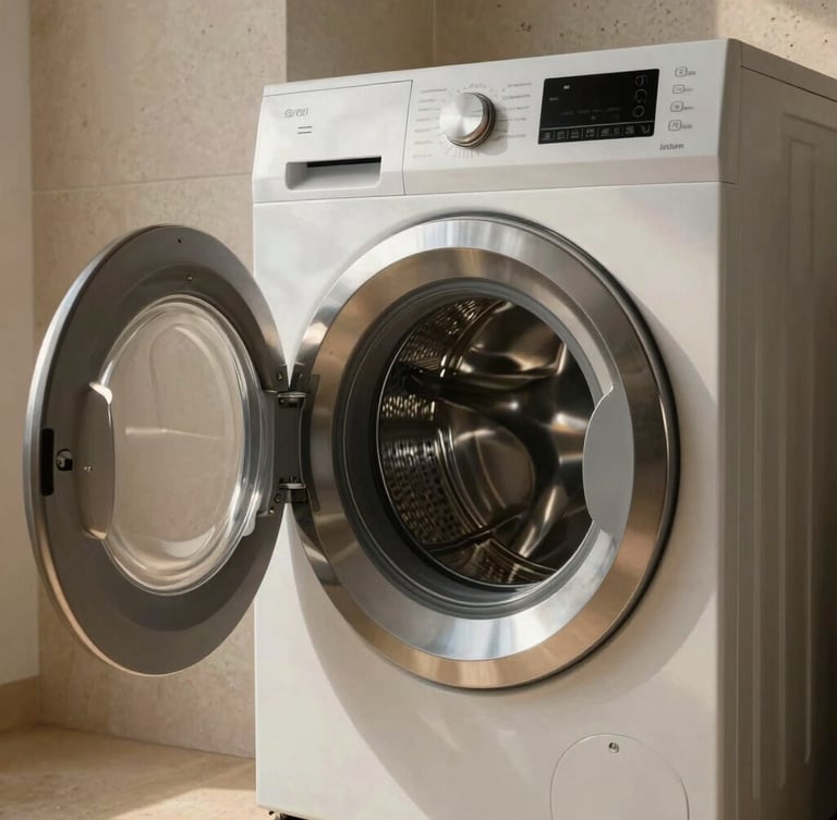 A side profile of a modern, minimalist European washing machine with a gleaming stainless steel drum, soft morning light catching the glass door, set against a warm travertine wall.