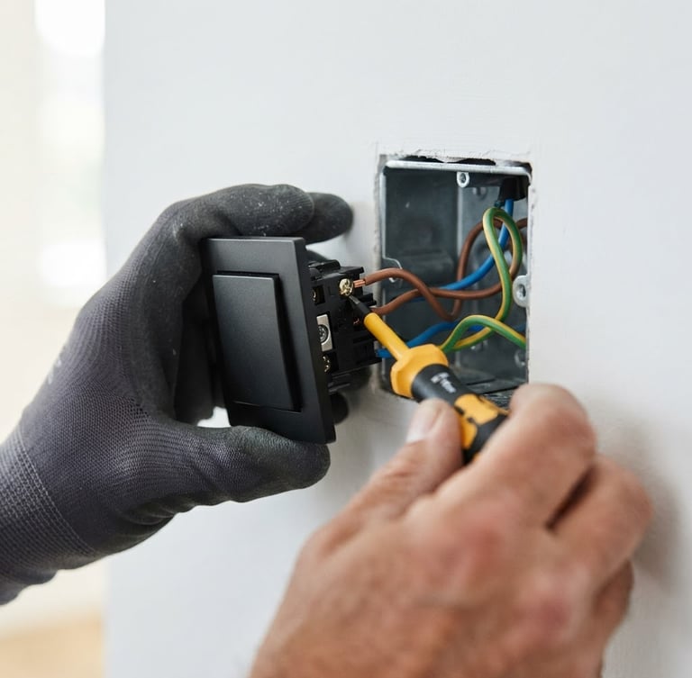 Close-up of a modern, sleek black electrical switch being installed, sharp focus on hands with professional tools, high-contrast lighting, clean background, electric yellow accent.