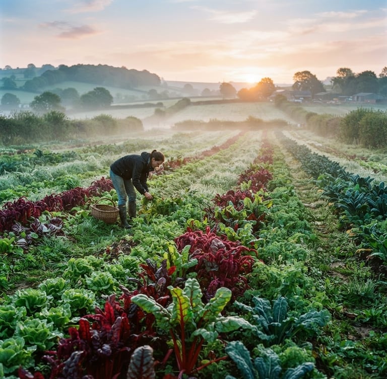 Wide shot of a vibrant organic farm field at dawn, mist rising gently, natural soft light, rich green and crimson tones, shallow depth of field, 35mm film.