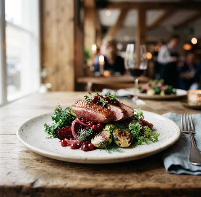 Close-up of a beautifully plated dish, artisanal, in soft window light, Scandinavian style, rich crimson and forest green tones, shallow depth of field, 35mm film, cozy restaurant interior in background.