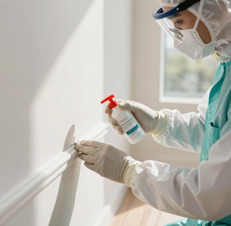 Clinical macro photography of a professional pest control technician in a clean white and teal uniform, precisely applying a low-odor protective barrier along a modern, sunlit residential baseboard, bright natural daylight, clean composition.