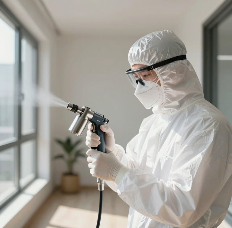 A professional technician wearing a clean white protective uniform and mask, calibrating a precise modern steel spray nozzle in a bright, sunlit modern apartment corridor.