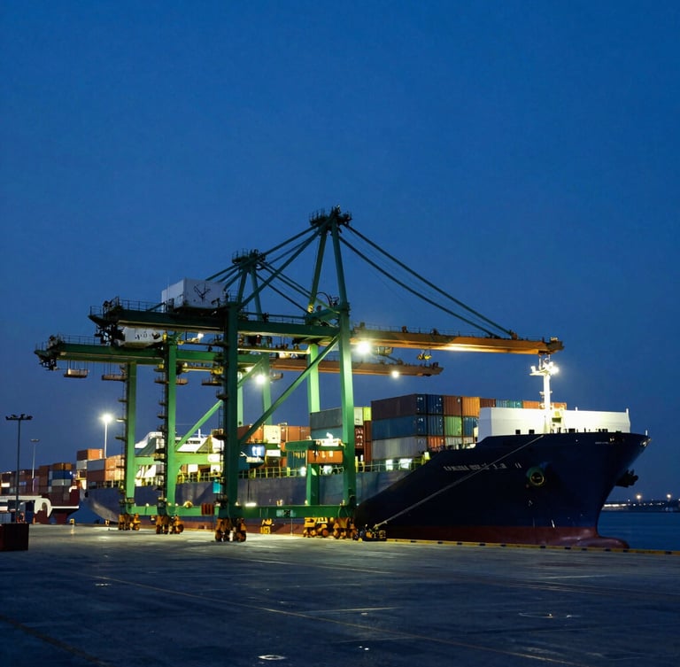 Wide-angle industrial logistics photography at twilight, container ship docked at Port Klang, high-contrast deep blue and sharp green lighting, massive crane silhouettes.