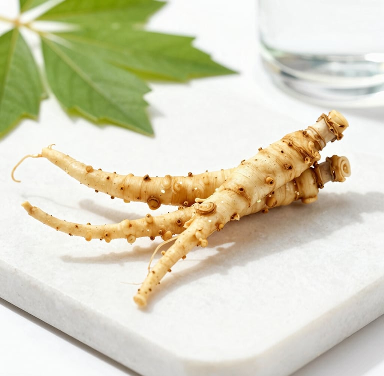 Close up of pure raw herbal roots and green leaves on a clean white stone surface, bright natural daylight, soft golden highlights