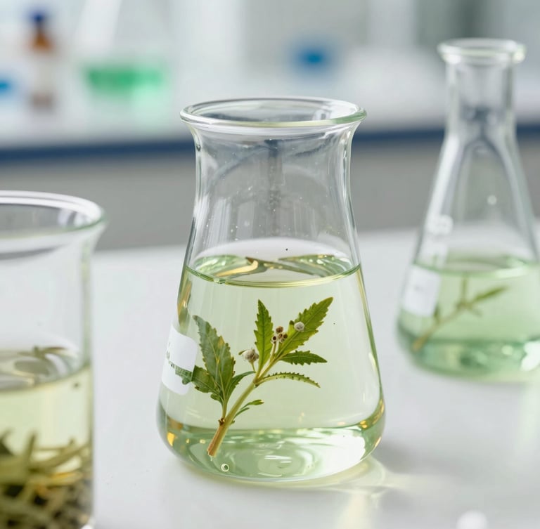 Pristine laboratory glassware with green herbal extracts, soft golden lighting, clean pharmaceutical environment, 35mm photography